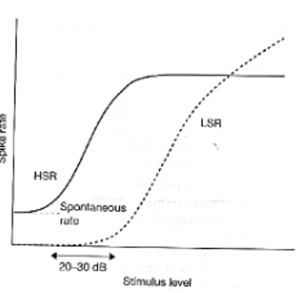 <p>the average rate of neural discharges as a function of intensity</p><p>-HSR = high spontaneous rate fiber</p><p>-LSR = low spontaneous rate fiber</p><p>-graph shows two different neurons</p>