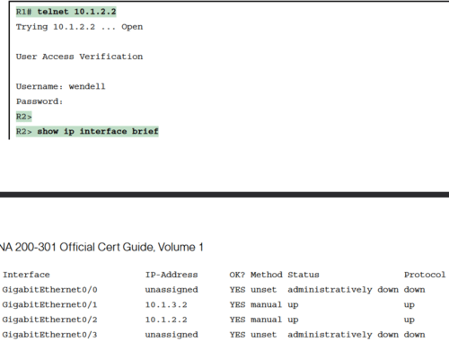 <p>-Using the IOS Telnet client via the telnet host command is pretty simple. Just use the IP address or hostname to identify the host to which you want to connect, and press Enter</p><p>-After issuing the telnet 10.1.2.2 command, R2 asks the user for both a username and password because Router R2 uses local</p><p>username authentication, which requires those credentials</p>