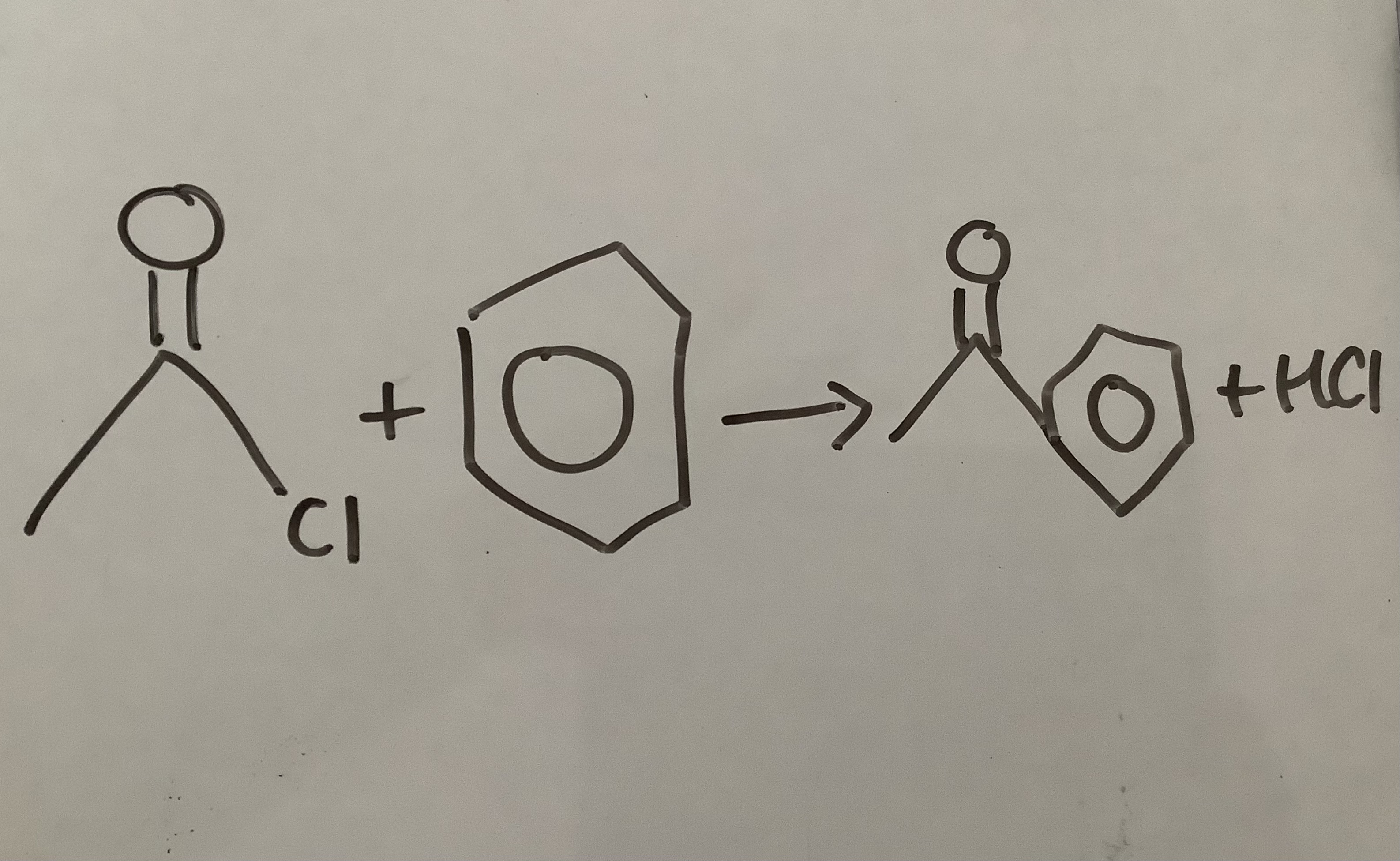 <p>Conditions?</p><ul><li><p>Halogen carrier (AlCl3) as benzene a localised area of electron density which isn’t on its own reactive enough to react with Acyl Chloride</p></li></ul><p></p><p>Ketone + Benzoate</p><p>Acylation </p>