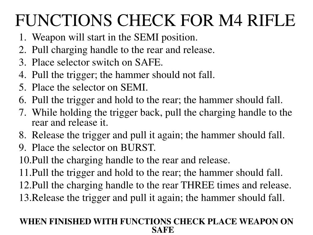 
 1. start on safe
 2. pull trigger
 3. charge 
 4. auto
 5. trigger and hold
 6. fire until you hear a click
 7. charge
 8. auto
 9. pull the trigger and hold
10. charge