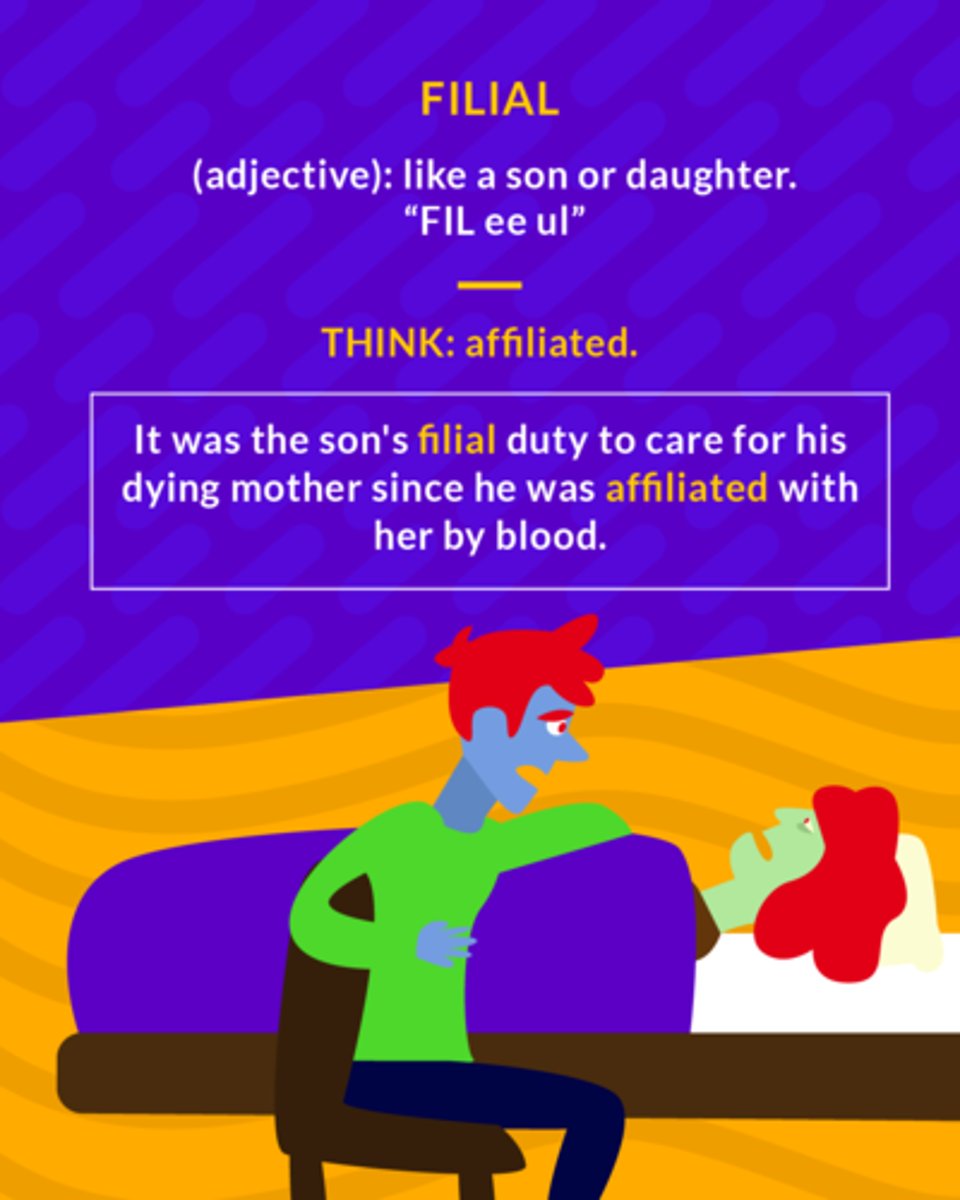 <p>(adj.) of or like a son or daughter</p><p>(adj.) like a son or daughter</p>