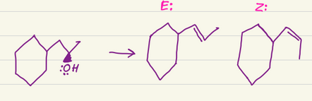 <p>Performs E1 reactions with OH</p><ul><li><p><strong>Both E and Z products</strong></p></li><li><p>H attaches to OH, making H2O</p></li><li><p>H2O leaves, causing + charge</p></li><li><p>O on the nuc takes an H, and its electrons form a double bond, getting rid of the + charge</p></li><li><p>Basically, OH becomes a double bond between the carbon with OH and the most stable carbon</p></li></ul><p></p>