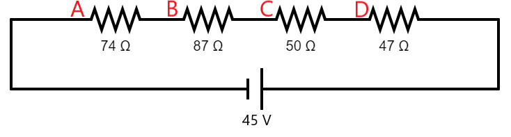 <p>In the circuit pictured below, four resistors are wired in series. If these resistors were actually incandescent light bulbs which is dimmest</p>