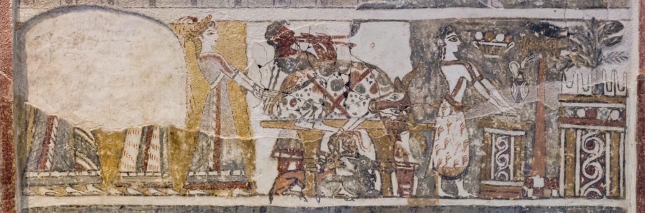 <p><span style="background-color: transparent;"><span>More evidence of the ritual function of the bull, we see the bull strapped on the table : Egyptian style fresco. Again emphasis on the significance of bull, represents some power, communal act and gift to the dead</span></span></p>