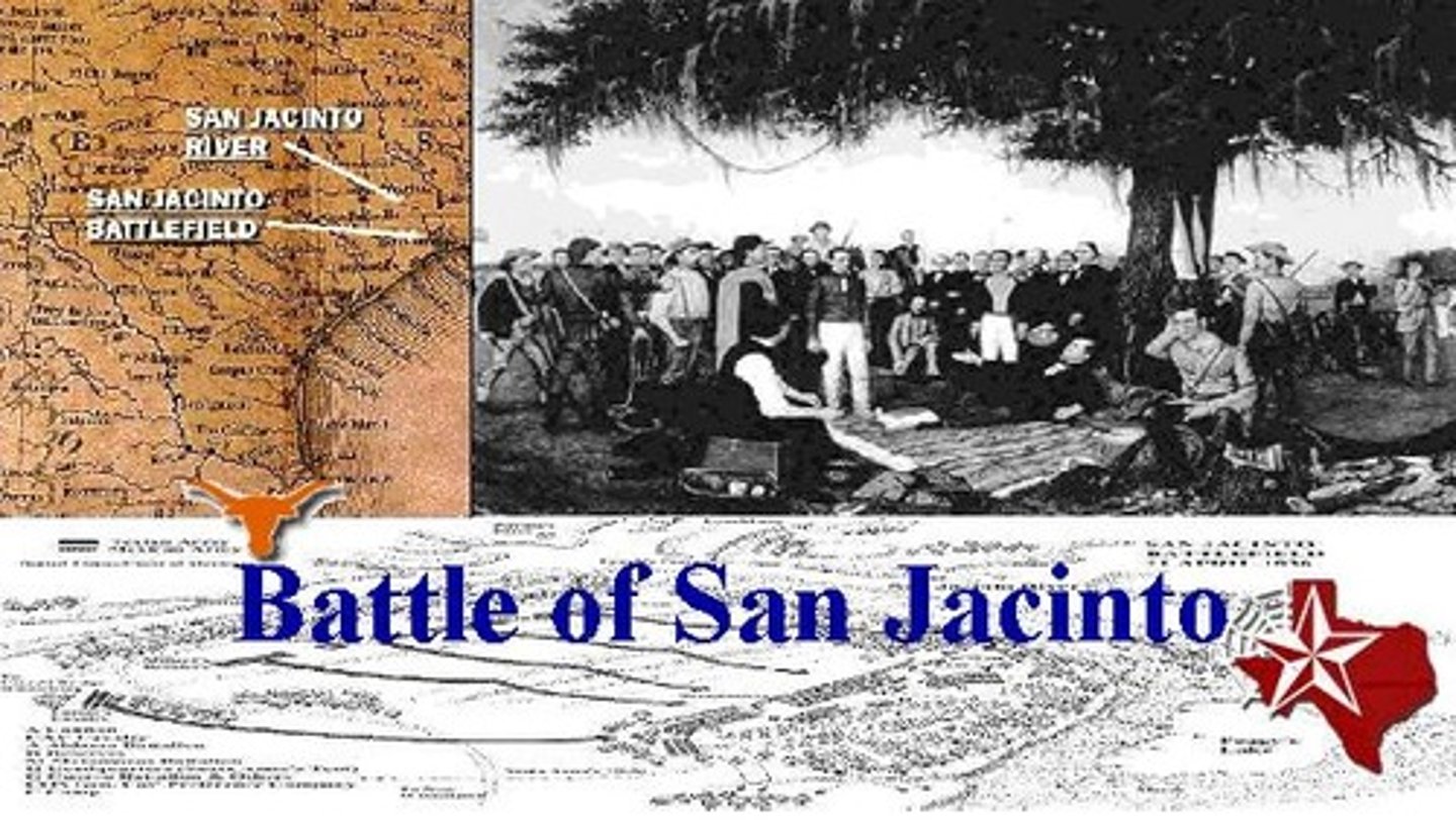 <p>April, 1836, led by Sam Houston. The final battle of the Texas Revolution, ending in Santa Anna's defeat and the signing of a treaty granting Texas independence from Mexico. (However, Mexico disavowed Santa Anna and the treaty was contested)</p>