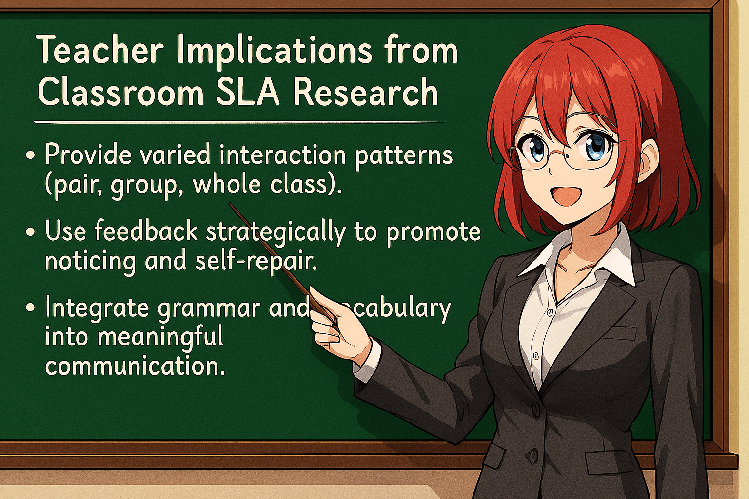 <ul><li><p>Provide varied interaction patterns (pair, group, whole class).</p></li><li><p>Use feedback strategically to promote noticing and self‑repair.</p></li><li><p>Integrate grammar and vocabulary into meaningful communication.</p></li></ul><p></p>