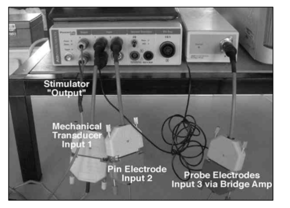 <ul><li><p>simultaneously record the <strong>contraction</strong> of the heart and <strong>electrical</strong> <strong>activity</strong> of the heart via the pin electrode</p></li></ul><p></p><ol><li><p>Mechanical activity → redcord at input 1</p></li><li><p>Electrical acitivty→ record at input 2</p></li><li><p>Also electrical activity from the probe→ input 3 through bridge amplifier</p><ul><li><p>used to stimulate probe electrodes connected to the output for this bit?</p></li></ul></li></ol><p></p>