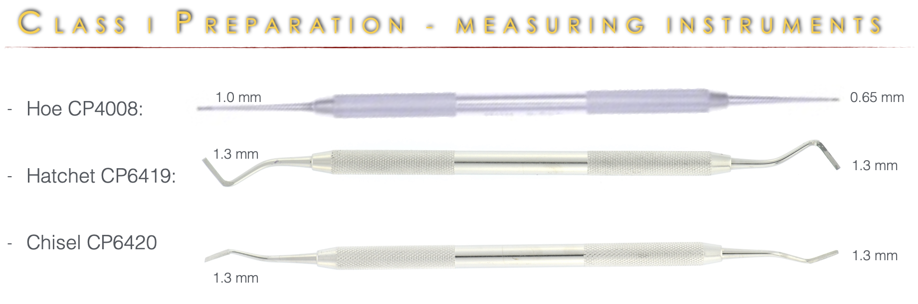 <ul><li><p>PLG1T: 2.3; 1.7 mm</p></li><li><p>PLG2T: 1.0mm; 1.3 mm</p></li><li><p>PLG3T: 2.0 mm; 1.6 mm</p></li><li><p>Perio probe: 1.0 markings; 3.0 markings</p></li><li><p>Hoe CP4008: 1.0mm; 0.65 mm</p></li><li><p>Hatchet CP6419: 1.3 mm both ends</p></li><li><p>Chisel CP6420: 1.3 mm both ends</p></li><li><p><strong>PLG2T, hatchet and chisel all measure 1.3mm</strong></p></li></ul><p></p>