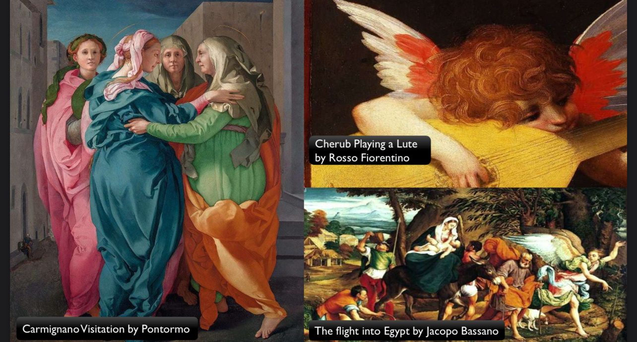 <ul data-type="taskList"><li data-checked="false" data-type="taskItem"><label><input type="checkbox"><span></span></label><div><p>Refers to the period of European arts that emerged from the later years of the <strong><em>Italian High Renaissance around 1520 and lasted about 1580 in Italy</em></strong></p></div></li><li data-checked="false" data-type="taskItem"><label><input type="checkbox"><span></span></label><div><p>This 16th century period of arts were <strong><em><u>characterized by unusual effects of scale, lighting, perspective, and the use of bright, often lurid colors</u></em></strong></p></div></li><li data-checked="false" data-type="taskItem"><label><input type="checkbox"><span></span></label><div><p><strong><em>Example:</em></strong></p><p>Carmignano Visitation (Pontormo)</p><p>Cherub Playing a Lute (Rosso Florentino)</p><p>The Flight into Egypt (Jacobo Bassano)</p><p></p></div></li></ul>