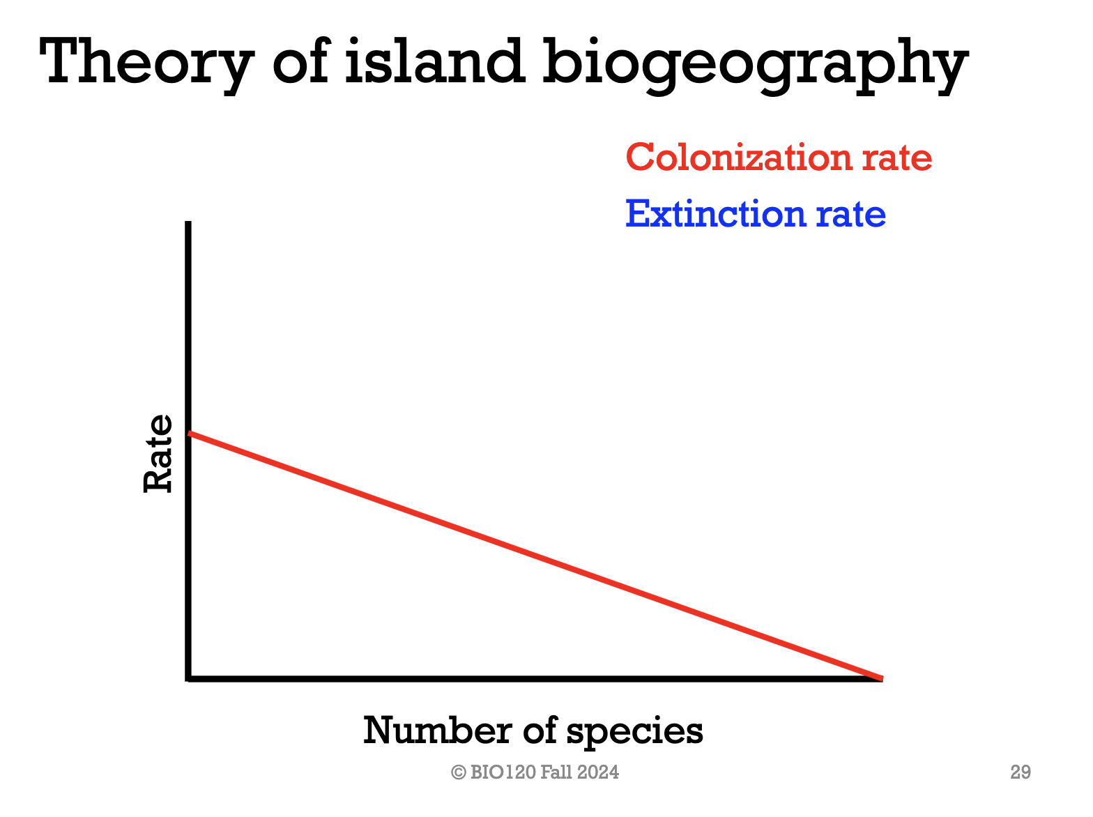 <p>As the number of species increases on the island, the colonisation rate decreases.</p><p>This is because when there are lots of species already on the island, there is a lower chance that the coloniser will be a brand new species.</p><p>However, when a coloniser arrives onto an island with very little species, there’s a much higher chance that the species will be the only one of its kind.</p>