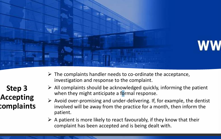 <p>Accepting complaints</p><p> </p><ul><li><p>acceptance, investigation and response to complaint</p></li><li><p>quickly</p></li><li><p>overpromising and underdelivering</p></li><li><p>they know that their complaint has been accepted and is being dealt with</p></li></ul><p></p><p></p><p>important to be neutral</p>
