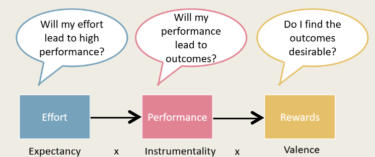 <ul><li><p>Expectancy (E)</p><ul><li><p>(Perceived) probability that effort will result in the intended behaviour/performance.</p></li></ul></li><li><p>Instrumentality (I)</p><ul><li><p>(perceived) probability that the performance will be followed by a particular outcome</p></li></ul></li><li><p>Valence (V)</p><ul><li><p>The subjective value of outcome</p></li></ul></li></ul>
