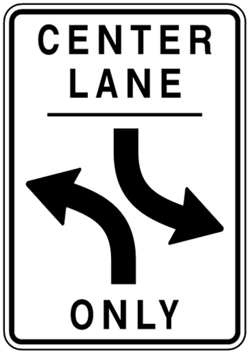 <p>Shared center left lane only.</p><p>I can only turn left</p><p>I cannot pass</p><p>I can only travel in it for 200ft</p>