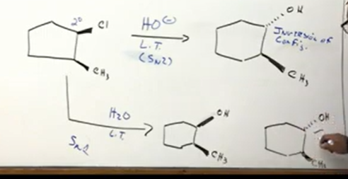 <p>Secondary alkyl halide meaning it could be sn1 or two. If we choose sn2, remember, inversion of configuration. So when substituting, OH goes into the back in this case.</p><p></p><p>If we choose sn1, remember the reagent is water not OH like in sn2. sn1 also has inversion of configuration. However, in sn1 there is also retention of configuration, meaning it forms a racemic mixture and there is two products. </p>