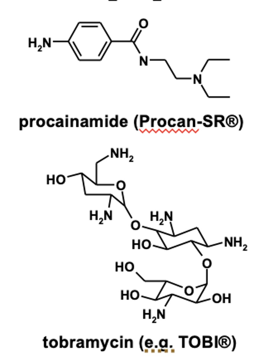 <p>- <strong>aminoglycoside antibiotics</strong> (amikacin, tobramycin)</p><p>- <strong>cephalosporin antibiotics</strong> (fortaz)</p><p>- <strong>procainamide</strong> </p>