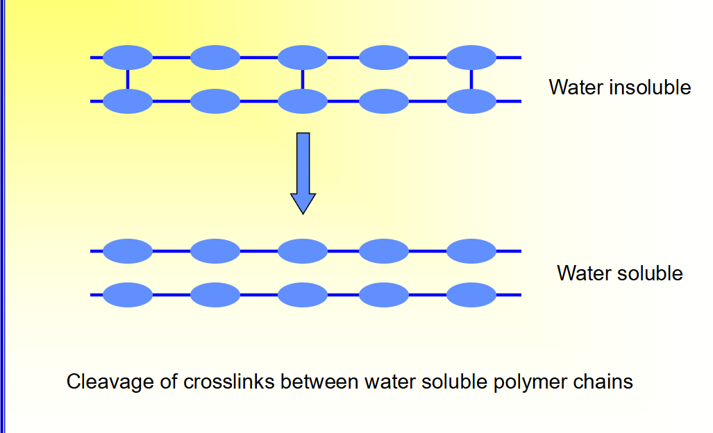 <p>Cleavage of crosslinks between water soluble polymer chains</p>