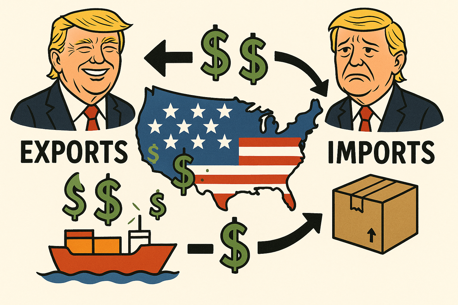 <p>Exporting, Selling more = Surplus → More Money! <span data-name="slightly_smiling_face" data-type="emoji">🙂</span> </p><p>Importing, Buying more = Deficit → Less Money  <span data-name="frowning_face" data-type="emoji">☹</span></p><p></p><p>“More exports? Yay! <span data-name="slightly_smiling_face" data-type="emoji">🙂</span> || More imports? Gotta pay! <span data-name="frowning_face" data-type="emoji">☹</span> “</p>