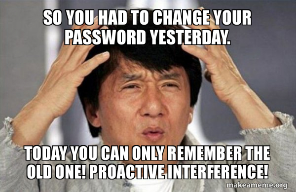<p>Textbook: The disruptive effect of prior learning on the recall of new information.<br>Mine: Old memories interfering with new memories</p><p>Retrieval Cues:<br>-POIN: Proactive = old interferes new</p>