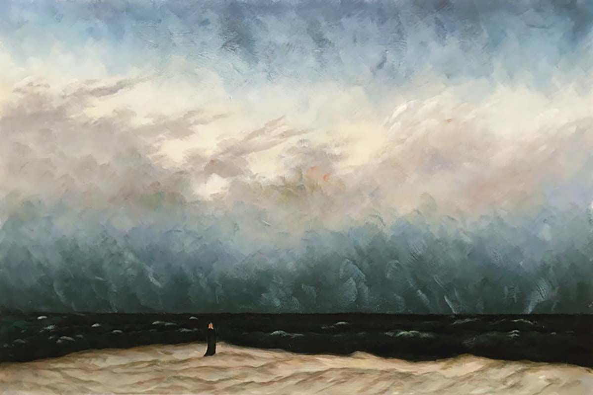 <p>Romantic. Tenebrism. Bright hazy horizon and dark and deep sea. Feeling small and powerless. Loneliness. Small and isolated monk back turned to viewer to invite viewer in.</p>