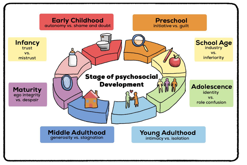 <ul><li><p>guidelines for identifying psychosocial challenges</p></li><li><p>can have a positive or negative outcome for personality development</p></li></ul><p></p>