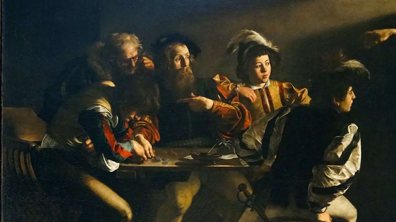 <ul><li><p><u><strong>Function and Patronage</strong></u>: One of three paintings illustrating the life of Saint Matthew in a chapel dedicated to him by the Contarelli family.</p></li><li><p><u><strong>Form</strong></u></p><ul><li><p>Diagonal shaft of light points directly to Saint Matthew, who points to himself as if unsure that Christ would select him.</p></li><li><p>Light coming in from two sources on the right creates a tenebroso effect on the figures.</p></li><li><p>Christ’s pose is the inverse of Adam’s on the Sistine Ceiling.</p></li><li><p>Only a slight suggestion of a halo on Christ’s head indicates sanctity of the scene.</p></li><li><p>Foppishly dressed figures wear cutting-edge Baroque fashion.</p></li><li><p>Figures placed on a shallow stage.</p></li><li><p>Sensual figures, everyday people.</p></li><li><p>Naturalist approach to the Baroque.</p></li></ul></li><li><p><u><strong>Context</strong></u></p><ul><li><p>Matthew was a tax collector; hence he is seated at a table with coins being counted.</p></li><li><p>Story taken from Matthew 9:9: “As Jesus went on from there, he saw a man named Matthew sitting at the tax collector’s booth. ‘Follow me,’ he told him, and Matthew got up and followed him.”</p></li><li><p>Two figures on the left are so concerned with counting the money they do not even notice Christ’s arrival; symbolically their inattention (and by implication, everyone else’s) to Christ deprives them of the opportunity he offers: eternal life.</p></li><li><p>Jesuit influence on Counter-Reformation Baroque art; the sensual or physical expression of faith as expressed in Saint Ignatius’s Spiritual Exercises.</p></li></ul></li></ul>