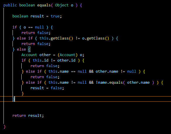 <p>(this is for the Account class made in lecture) </p><ol><li><p>check if the given obj is ull</p></li><li><p>check if the given obj and “this obj” is of the same class</p></li><li><p>***type cast the obj to be Account (Account other = (Account)o)</p></li><li><p>for each instance var, ensure that they are equal</p><ol><li><p>for prim types, use ==</p></li><li><p>for ref types (most notably String) use equals method </p></li><li><p>check null again, this time for the instance ref vars (like String)</p></li></ol></li></ol><p></p>