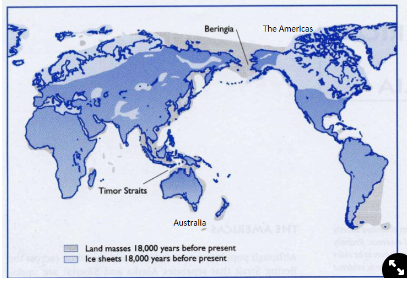 <ul><li><p>the ice caps were much larger, Russia was joined to Alaska</p></li><li><p>but Australia was still isolated, at low sea levels it is attached to New Guinea</p></li><li><p>can only get to New Guinea by island hopping and had to travel 30 miles (beyond what the eye can see over the horizon)</p><ul><li><p>either voyagers were going from island to island for fishing and were blown off course or could see smoke from wildfires</p></li><li><p>had to get there by boat</p></li></ul></li><li><p><strong>arrived to Australia 60-50,000 years ago</strong></p></li></ul>