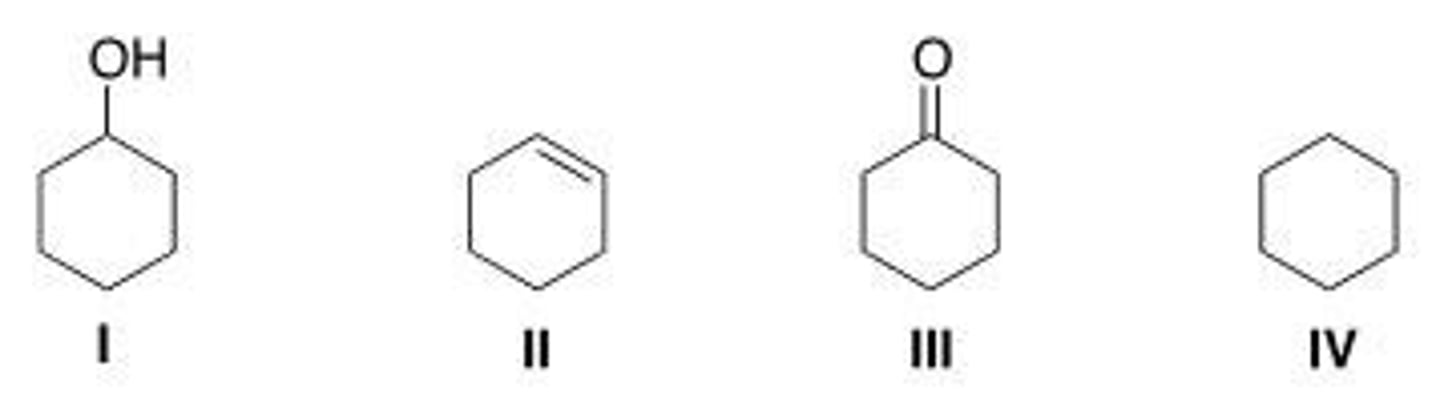 <p>13. Rank the following compounds in order of decreasing oxidation level, putting the compound with the highest oxidation level first.</p><p>A. II &gt; IV &gt; I &gt; III</p><p>B. I &gt; III &gt; IV &gt; II</p><p>C. III &gt; I &gt; II &gt; IV</p><p>D. III &gt; I &gt; IV &gt; II</p>