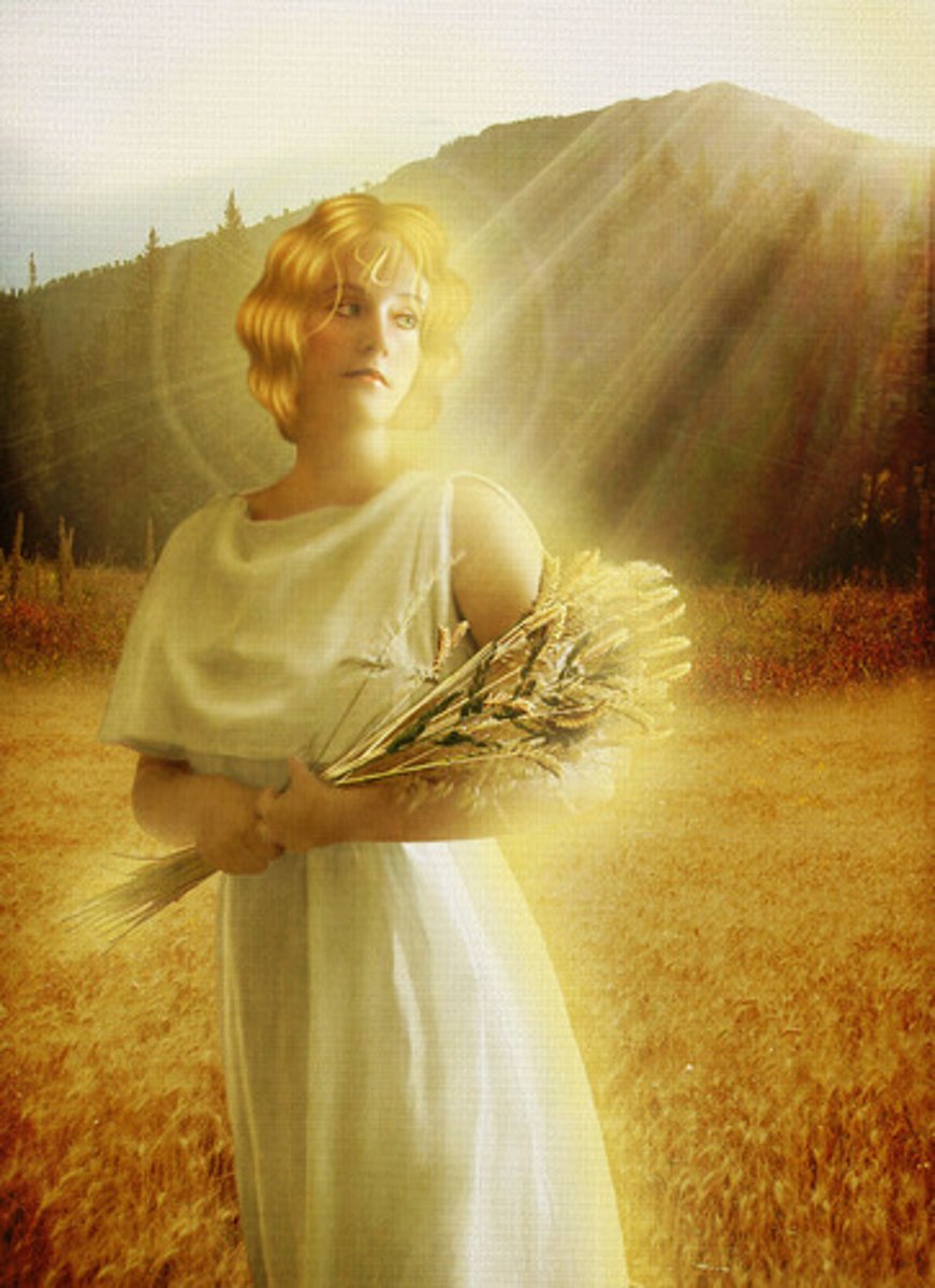 <p>[Demeter]</p><p>goddess of agriculture and the harvest, wheat is a symbol</p>
