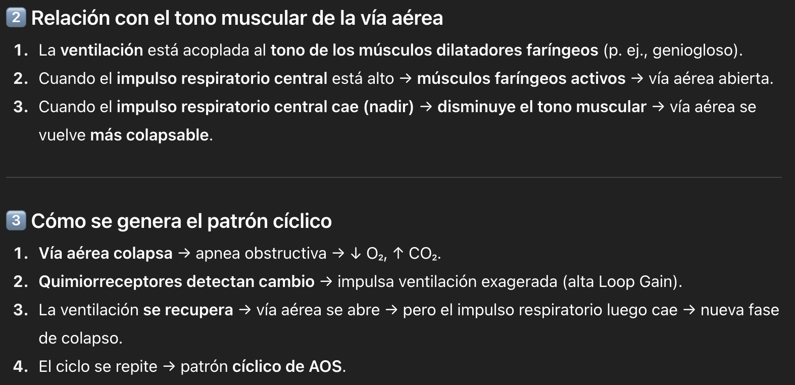 <p>Las oscilaciones en el impulso respiratorio causan <strong>fluctuaciones recíprocas en el tono muscular</strong> de la vía aérea, facilitando el colapso cuando el impulso está en su nadir (mínimo).</p>
