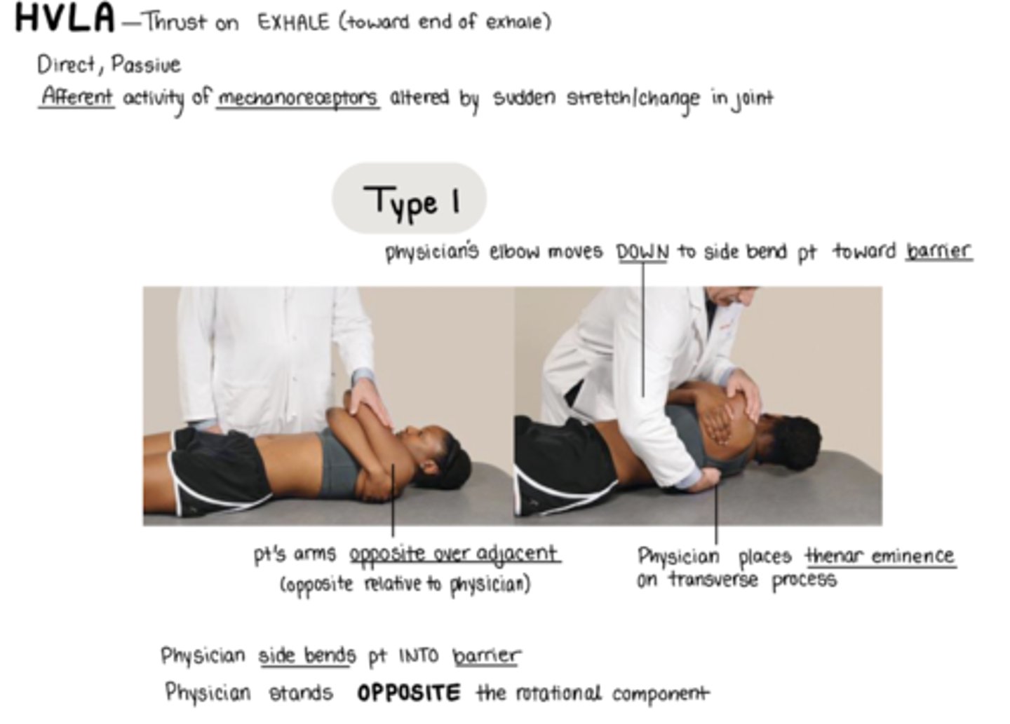 <p>pt supine, arms FAR/NEAR</p><p>physician stands on OPPOSITE side of the rotation component, pt faces toward you</p><p>place THENAR EMINENCE posterior to the rotated TP</p><p>Sidebend pt INTO barrier by moving elbow down</p><p>thrust @ end of pt exhale</p><p>*ensure thrust vector localizes to target spinal level</p>