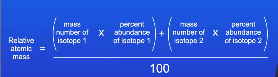 <p>We use this equation:</p><p>mass number of isotope 1 x percent abundance of isotope 1</p><p>+ mass number of isotope 2 x percent abundance of isotope 2</p><p></p><p>answer/100 </p><p></p>