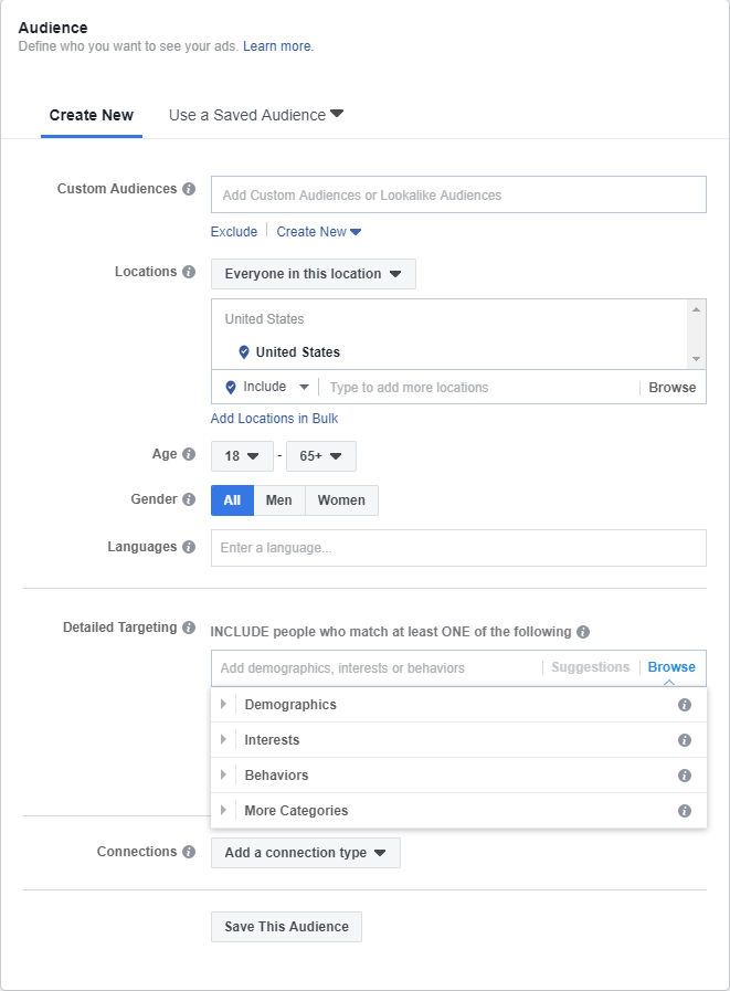 <p>Selecting demographics,  interests, and behaviours from Facebook’s ad platform</p>