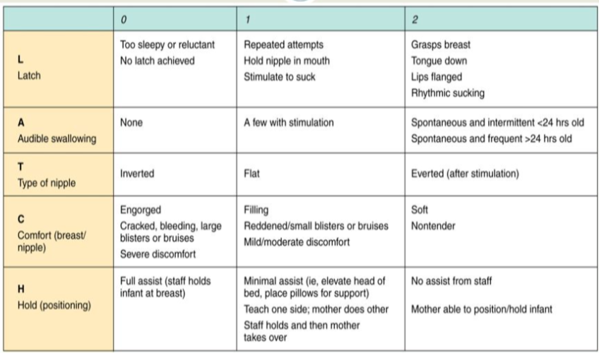 <p>It is a <strong>systematic method</strong> for breastfeeding assessment and charting.</p><ul><li><p><strong>L</strong> - Latch</p></li><li><p><strong>A</strong> - Audible swallowing</p></li><li><p><strong>T</strong> - Type of nipple</p></li><li><p><strong>C</strong> - Comfort</p></li><li><p><strong>H</strong> - Hold</p></li></ul><p>Each category is worth <strong>up to 2 points</strong>, for a total of <strong>10 points</strong>.</p>