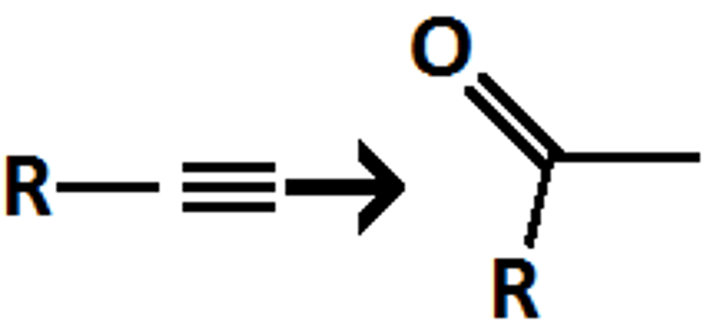 <p>acid-catalyzed hydration</p><p>terminal alkyne, to enol, to ketone</p>