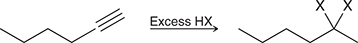 <p>When treated with HX, an alkyne undergoes Markovnikov addition (excess HX gives two addition reactions to afford a geminal dihalide).</p><p>(hydrohalogenation)</p>
