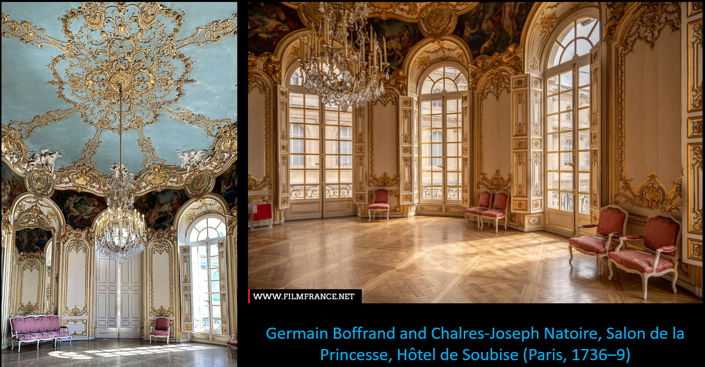 <ul><li><p>Rococo - elaborate and large, light and airy (many windows to let light in, ornamentation, mirrors), flamboyance</p></li><li><p>room is for the princess for entertaining purposes</p></li></ul><p></p>