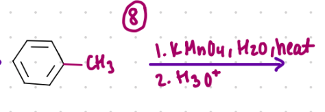 <p>Reagent:</p><p>1.) KMnO4, H2O, Heat & 2.) H3O+</p><p>will produce COOH directly onto ring!</p>