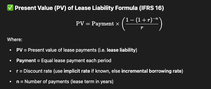 <p><strong>Present Value (Lease Liability) – Summary Workings</strong></p><p>Scenario:</p><ul><li><p>Lease payments: $75,000 per year</p></li><li><p>Term: 4 years (1st payment already made, so 4 payments remain)</p></li><li><p>Discount rate: 8%</p></li><li><p>Payments made in arrears (end of each year)</p></li></ul><p>Step 1: Use the present value of annuity formula<br>PV = Payment × [(1 − (1 + r)^−n) / r]</p><p>Step 2: Plug in values<br>= 75,000 × [(1 − (1.08)^−4) / 0.08]<br>= 75,000 × [0.265 / 0.08]<br>= 75,000 × 3.312</p><p>Step 3: Calculate<br>Lease liability = $248,400</p><p>This is the present value of the future lease payments and represents the initial lease liability under IFRS 16.</p>