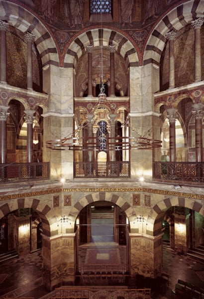 <p>Aachen (Aix-la-Chapelle), Germany<br>792-805 CE; likely influenced by architecture from Ravenna; Charlemagne wanted to make it a central plan, but they lost the technology of concrete; Medieval art</p>