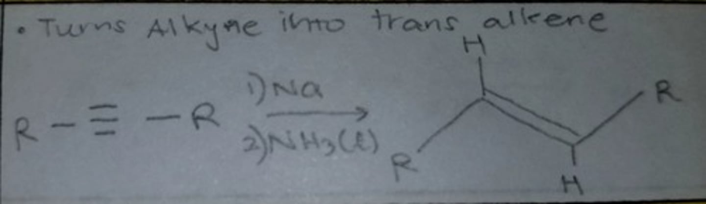 <p>Alkyne to Alkene</p><p>Trans Alkene formation</p>