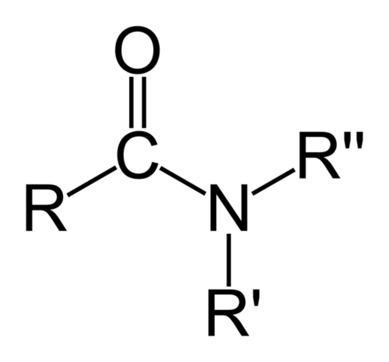 <p>Carbon with a double bond with oxygen, a single bond with nitrogen, and a single bond with R</p>