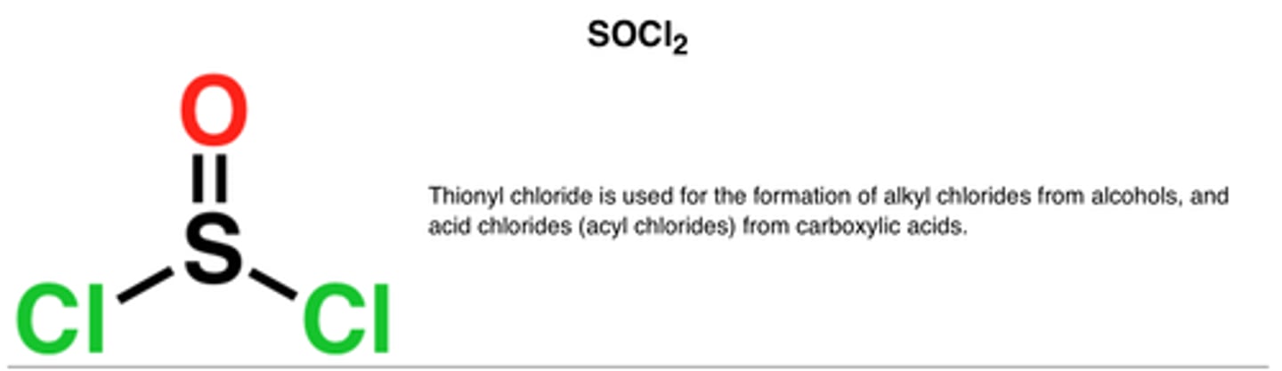 <p>1. SOCl2, pyridine</p><p>alcohol is the nucleophile, SOCl2 (electrophile), forms an alkyl halide</p>