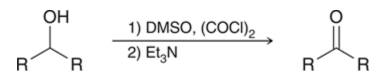 <p>stage 1 DMSO reacts with (COCl)2 to convert into chlorodimethysulfonium ion which is meant to function as the active oxidizing agent stage 2 the carbon atom undergoes oxidation to make a ketone</p>
