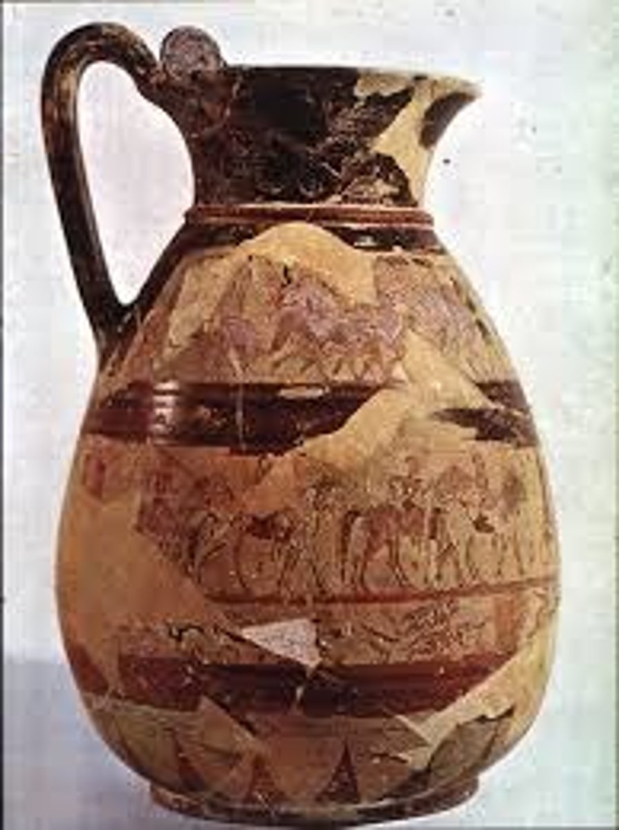 <p>Ceramic olpe from the Late Geometric / Orientalizing period (ca. 650 BCE) depicting hoplite warfare and myth scenes, representing early narrative composition.</p>