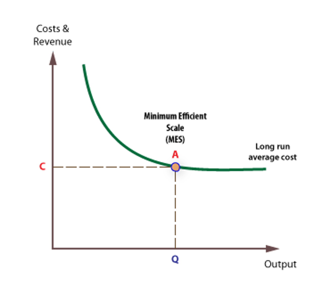 <p>A firm's minimum efficient scale (MES) is the lowest scale necessary to achieve the economies of scale required to operate efficiently and competitively in its industry. No further significant economies of scale can be achieved beyond this scale.</p>