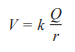 <p>“The amount of work done in moving a unit positive charge from infinity to that point”</p><ul><li><p>k- Coulomb constant</p></li><li><p>Q- charge</p></li><li><p>r- distance of separation</p></li></ul><p></p>