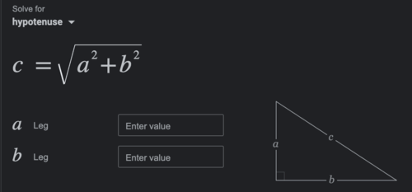 <p>c = √a^2 + b^2</p><p>or</p><p>c^2 = a^2 + b^2</p>
