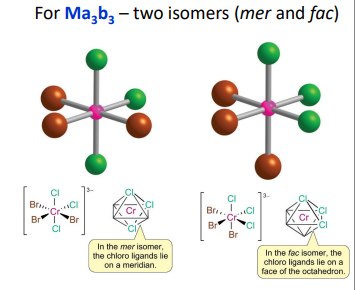 <p>(Square Planars)</p><ul><li><p>(cis/trans) form if have 2 different donor groups </p></li><li><p>with 4 different donor groups, form 3 geometric isomers, as these each involve different groups near different groups</p></li></ul><p>(Octahedrals)</p><ul><li><p>(cis/trans) form if have 4 same, 2 different donors, based on if 2 same are opposite OR adjacent</p></li><li><p>(mer/fac) form if have 3 same &amp; 3 same, (Mer = Meridian) 3 groups in the same plane,  (Fac = Facial) 3 groups in the same triangular face (adjacent but not in the same plane)</p></li></ul><p></p>