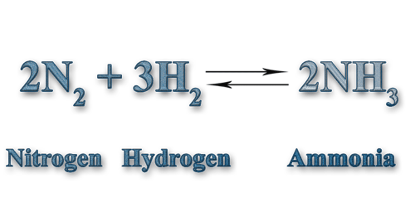 <p>Converts hydrogen and nitrogen to ammonia, reversible reaction</p><p>Uses: manufacture plastics, explosives, textiles, pesticides, dyes, refrigerant gas</p><p>Iron catalyst</p>